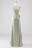 Sage Long Satin V Neck Ruffled Sheath Bridesmaid Dress