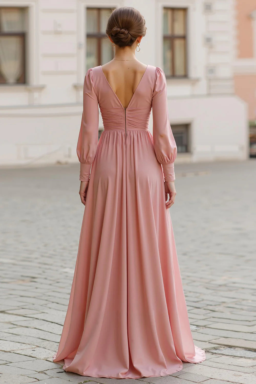 Elegant Vintage Mauve A Line V Neck Long Sleeves Bridesmaid Dress