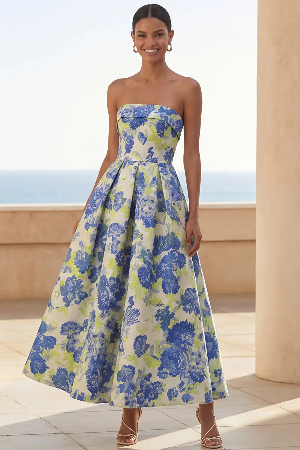Floral Blue Strapless A Line Wedding Guest Dress