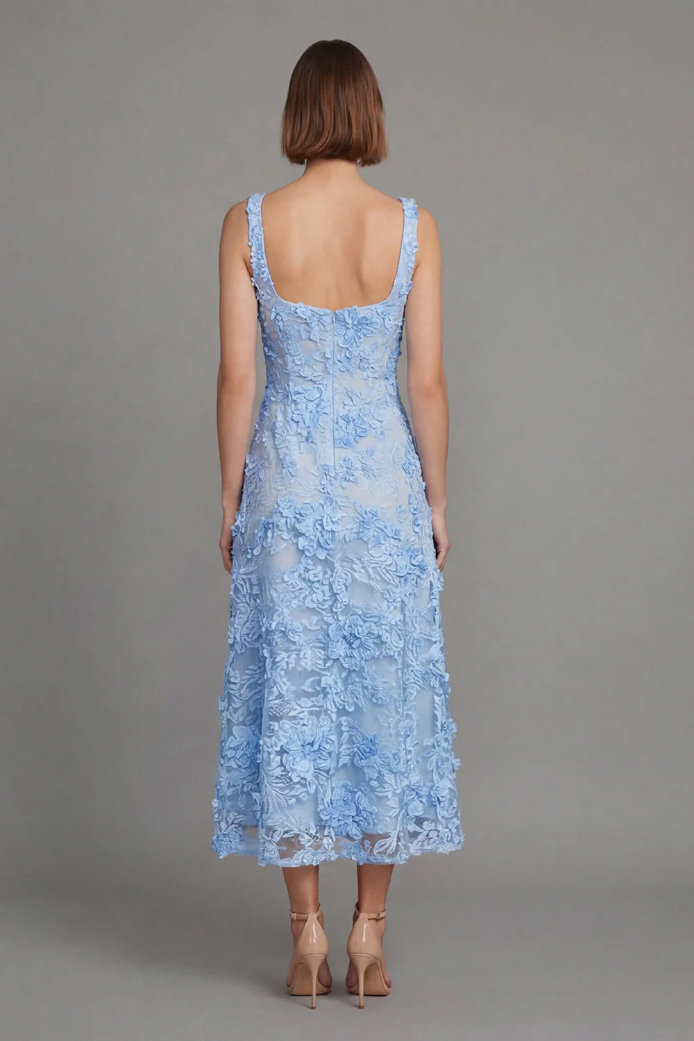 Blue Floral A Line Square Neck Midi Wedding Guest Dress