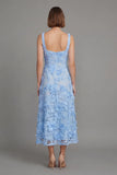 Blue Floral A Line Square Neck Midi Wedding Guest Dress