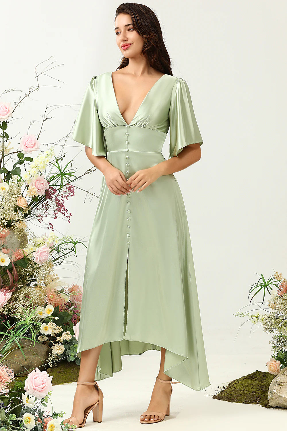 Dusty Sage A Line Deep V Neck Long Bridesmaid Dress with Half Sleeves