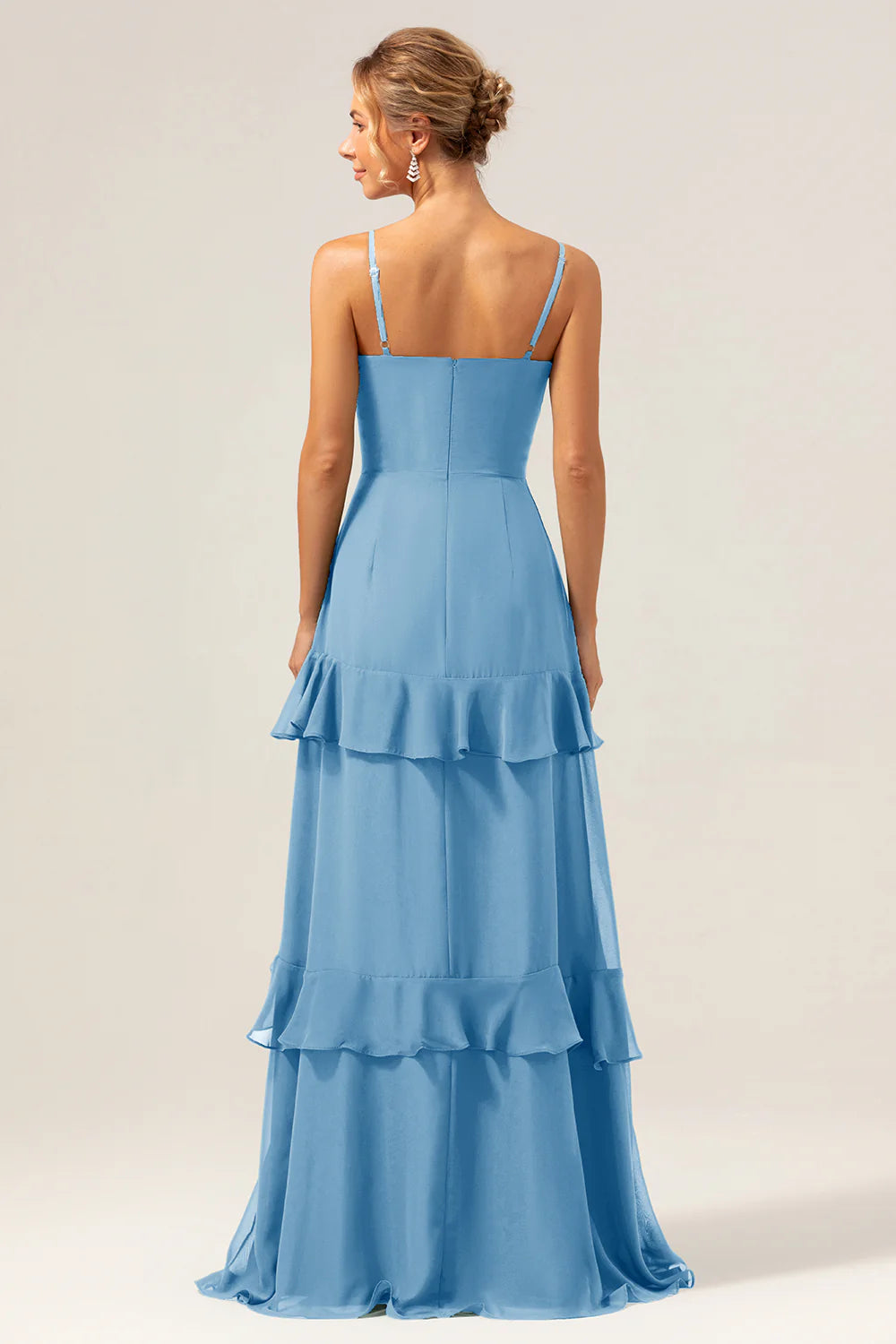 Dark Green A Line V Neck Ruffled Chiffon Tiered Long Bridesmaid Dress with Slit