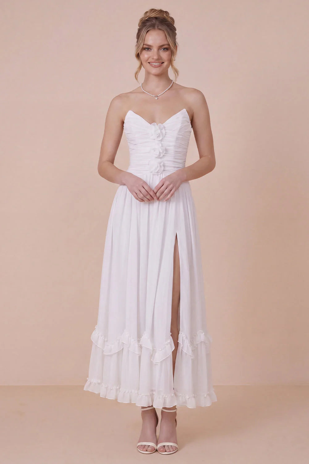 Strapless A Line 3D Flower White Engagement Dress with Slit