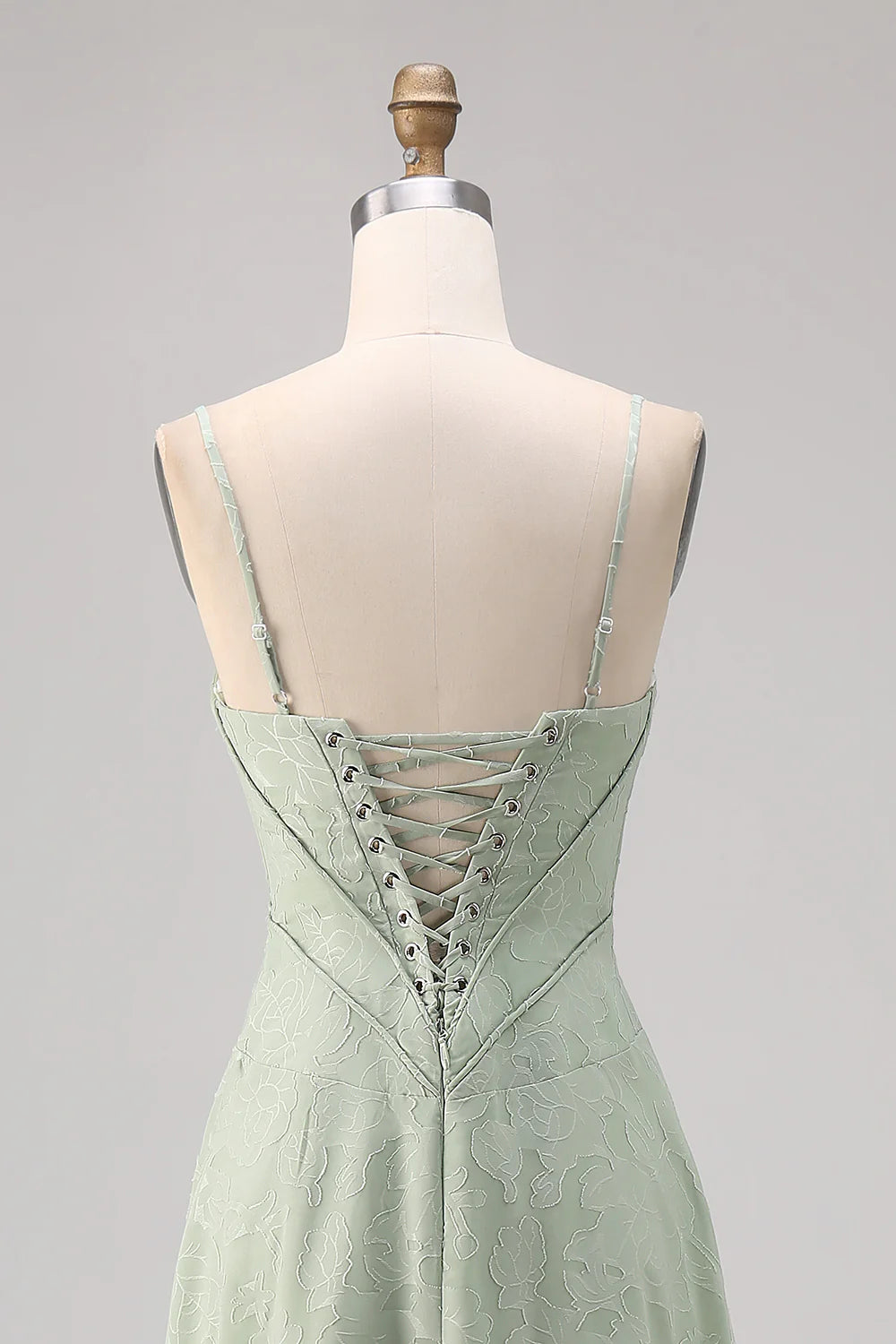 Sage Green A Line Spaghetti Straps Floral Burnout Bridesmaid Dress