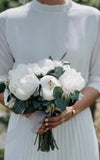 Vintage Modest Long Sleeve Wedding Dress with Pleats Simple Tea length A Line High Neck