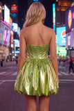 Green Strapless A Line Corset Metallic Satin Mini Homecoming Dress