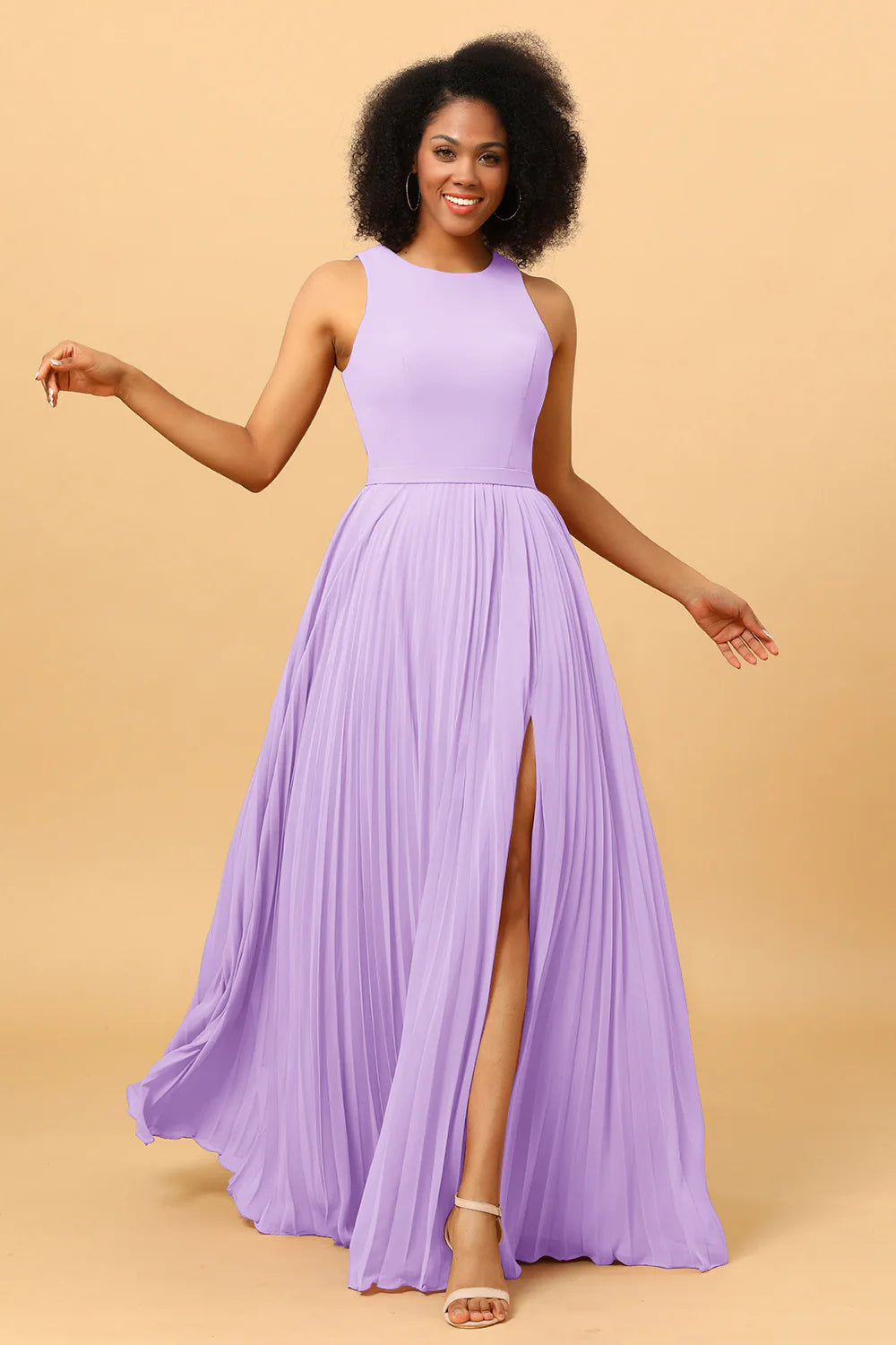 A Line Pleated Long Chiffon Bridesmaid Dress with Ruffles