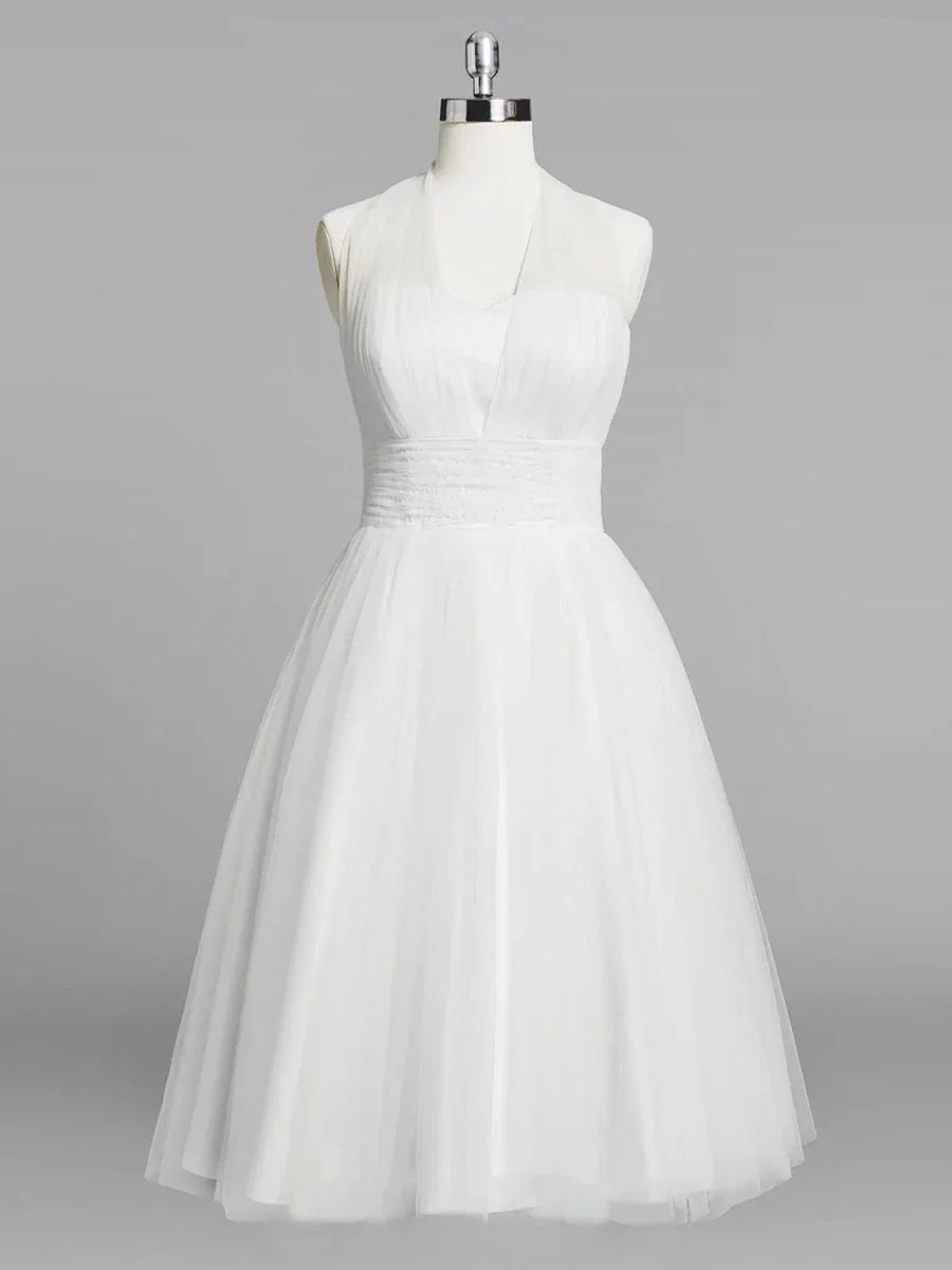 Halter A Line Tea Length Tulle Wedding Dress With Ruching