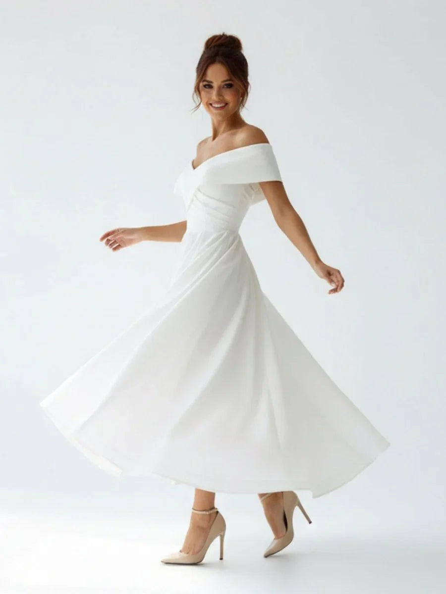 A Line Satin Tea Length White Off the Shoulder Wedding Dress