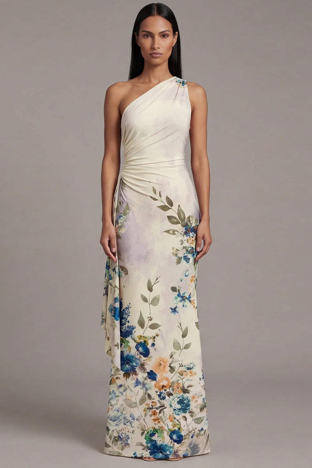 One Shoulder Cut Out Printed Ivory Maxi Formal Dress