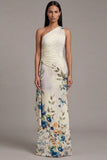 One Shoulder Cut Out Printed Ivory Maxi Formal Dress