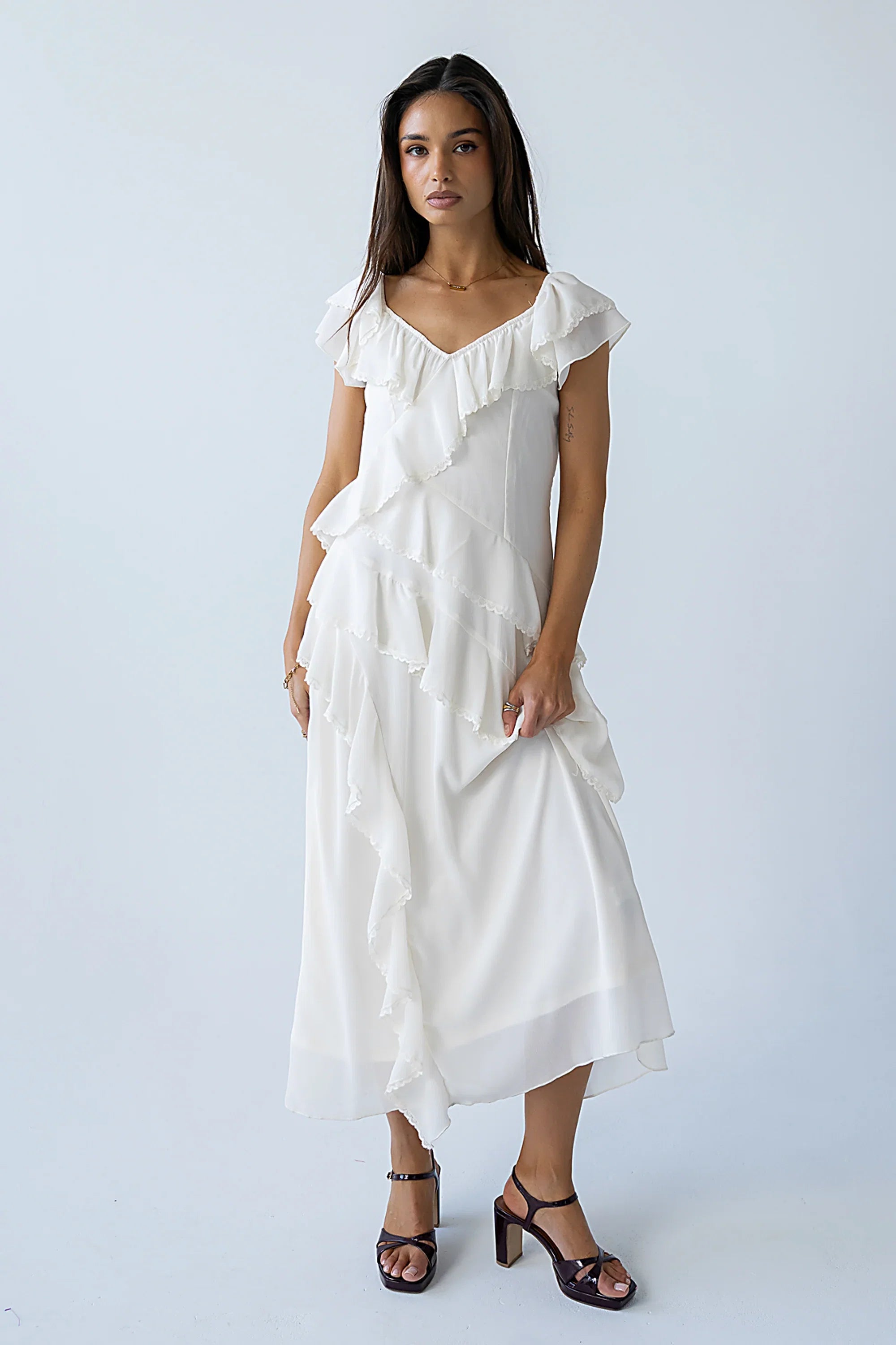 Quinton Ruffle Maxi Dress in Cream