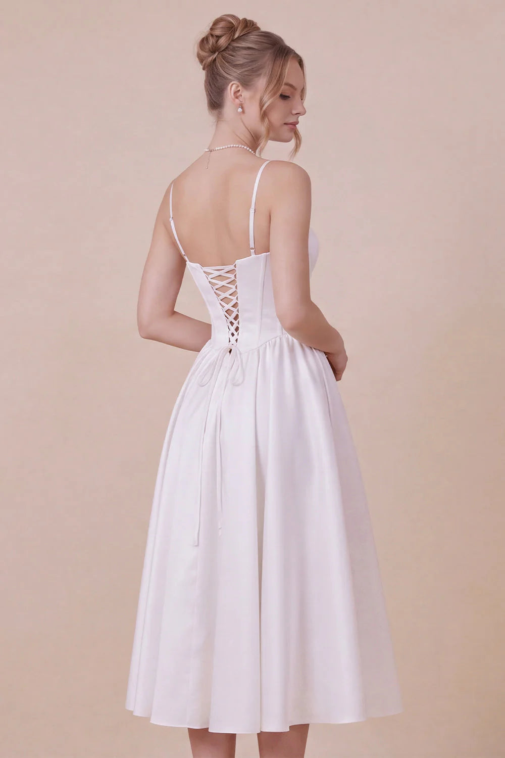 Satin A Line Corset Spaghetti Straps White Graduation Dress