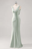 Sage Green Sheath V Neck Backless Satin Bridesmaid Dress