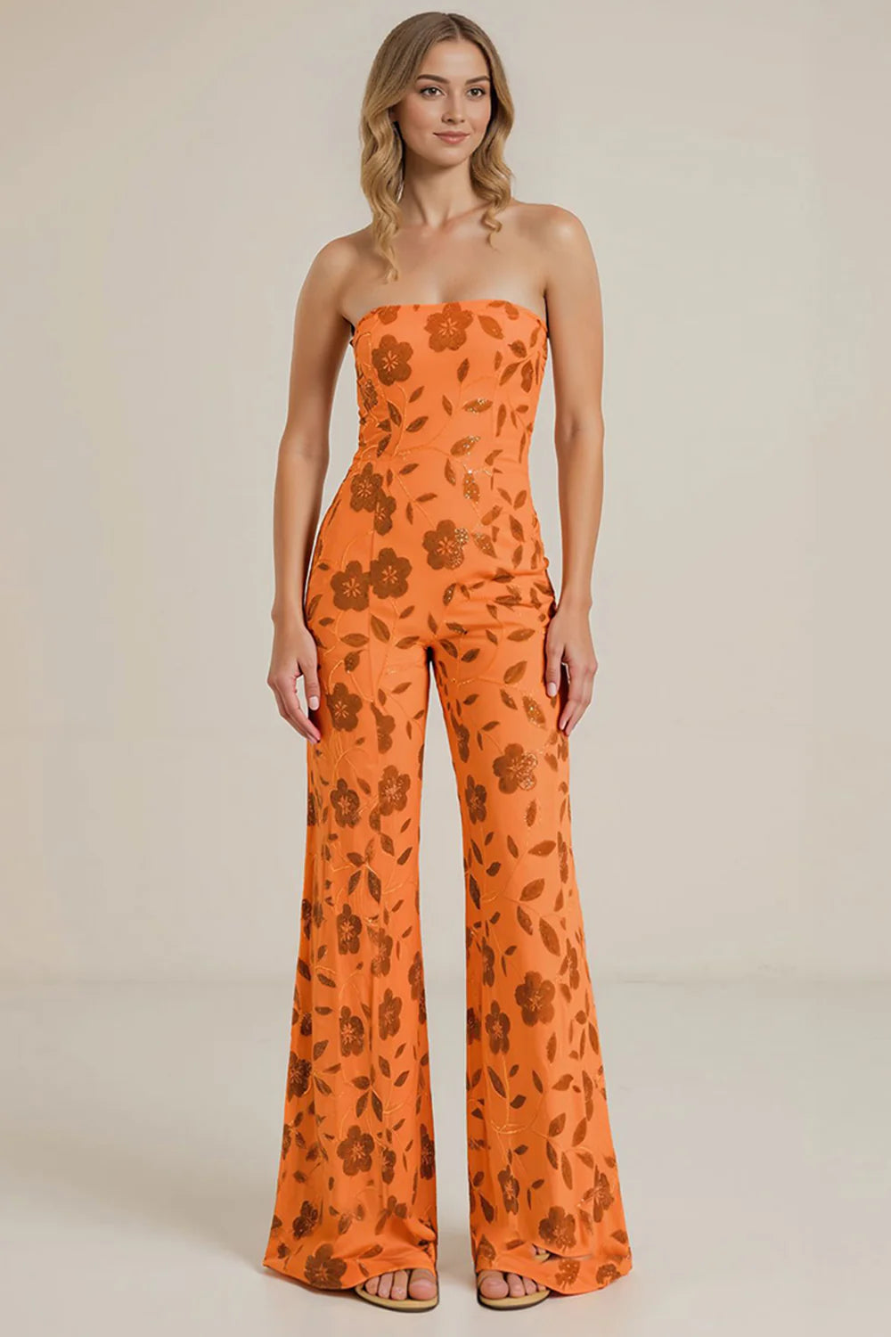 Strapless Orange Floral Sequin Wedding Guest Jumpsuit