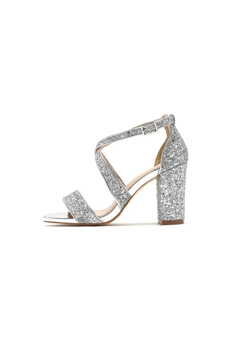 Silver Sequined Cross Straps Open Toe Chunky Heels