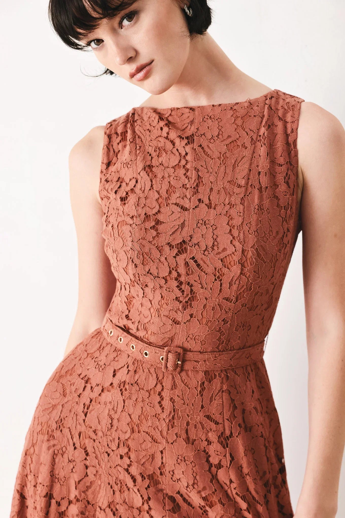 TRUE ROMANCE RUST LACE MIDI DRESS