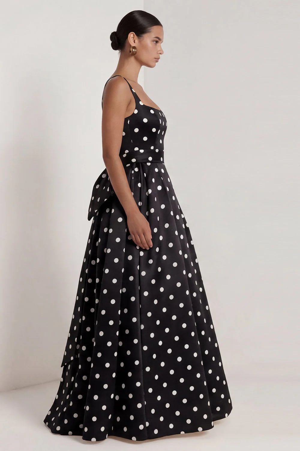 Black A Line Polka Dot Maxi Formal Dress with Bow