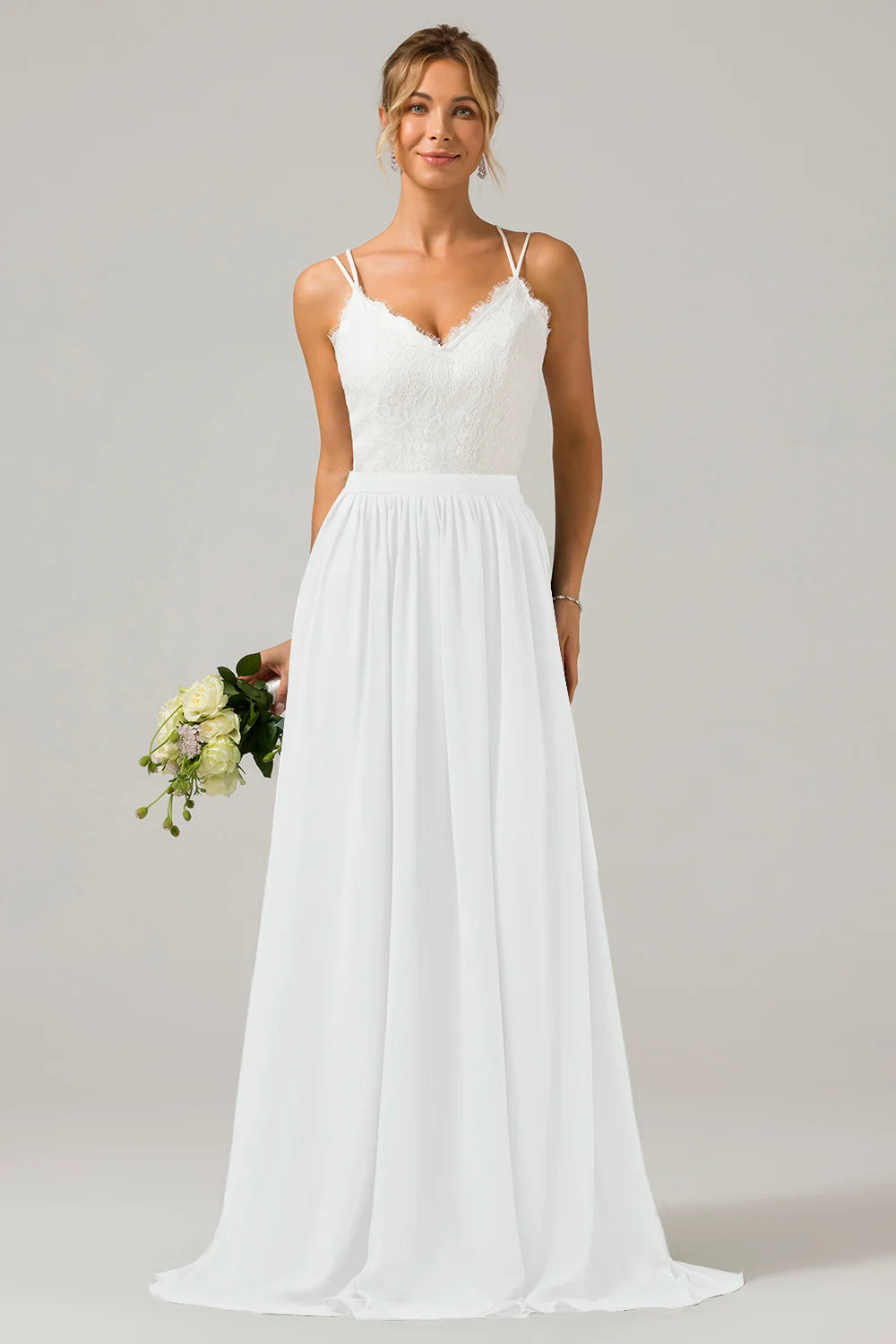 A Line Spaghetti Straps Pleated Long Bridesmaid Dress With Lace