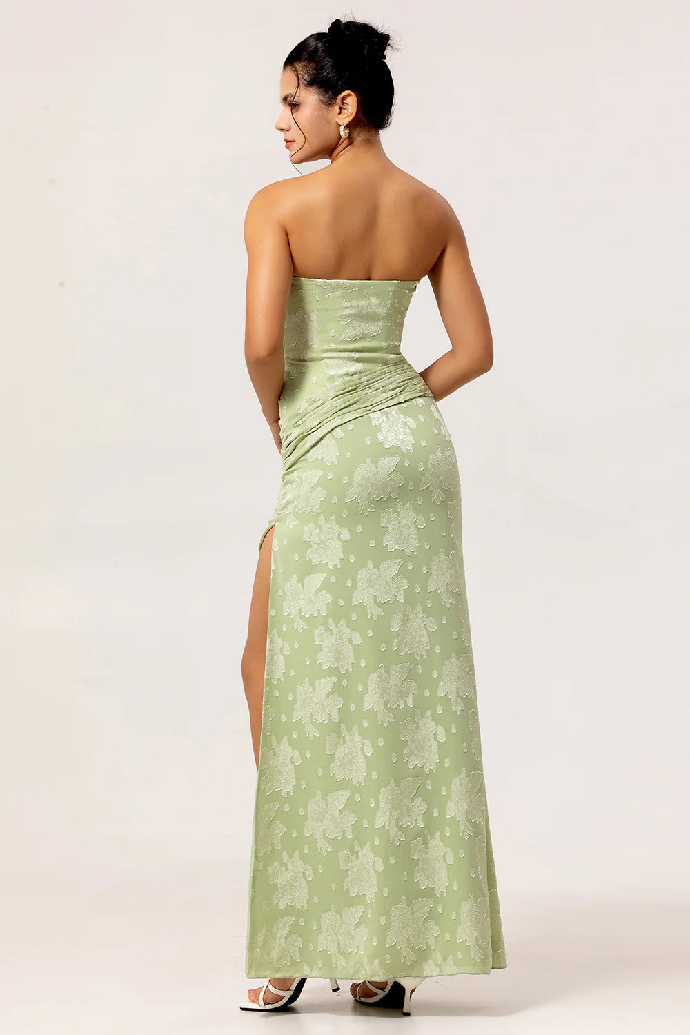 Sage Green Sheath Strapless Ruched Floral Jacquard Long Bridesmaid Dress with Side Slit