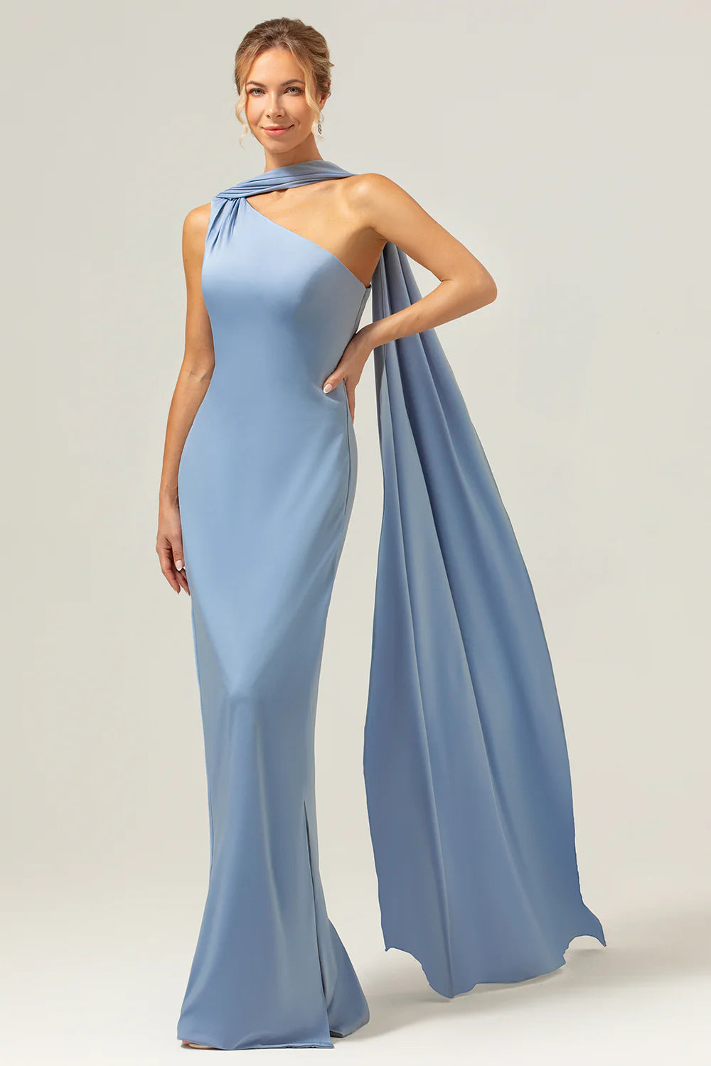 Dusty Blue Sheath One Shoulder Convertible Satin Bridesmaid Dress with Streamer
