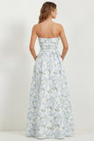 White Blue Floral Strapless A Line Printed Long Bridesmaid Dress with Pockets