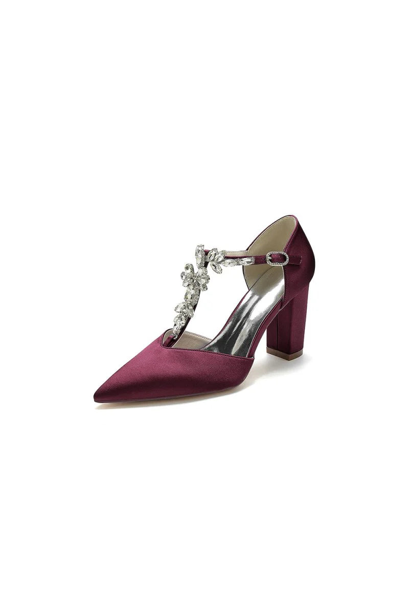 Chic Rhinestone Pointed Toe Ankle Strap Buckle Chunky Heel