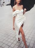 Sexy Off The Shoulder Sleeveless Floor Length Silk Like Satin Wedding Dresses With Split Front