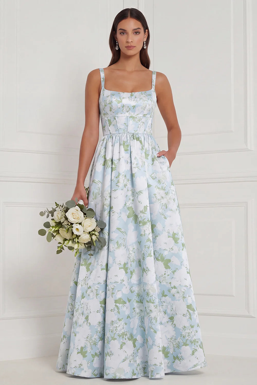 Blue White Floral Printed Corset Square Neck A Line Bridesmaid Dress