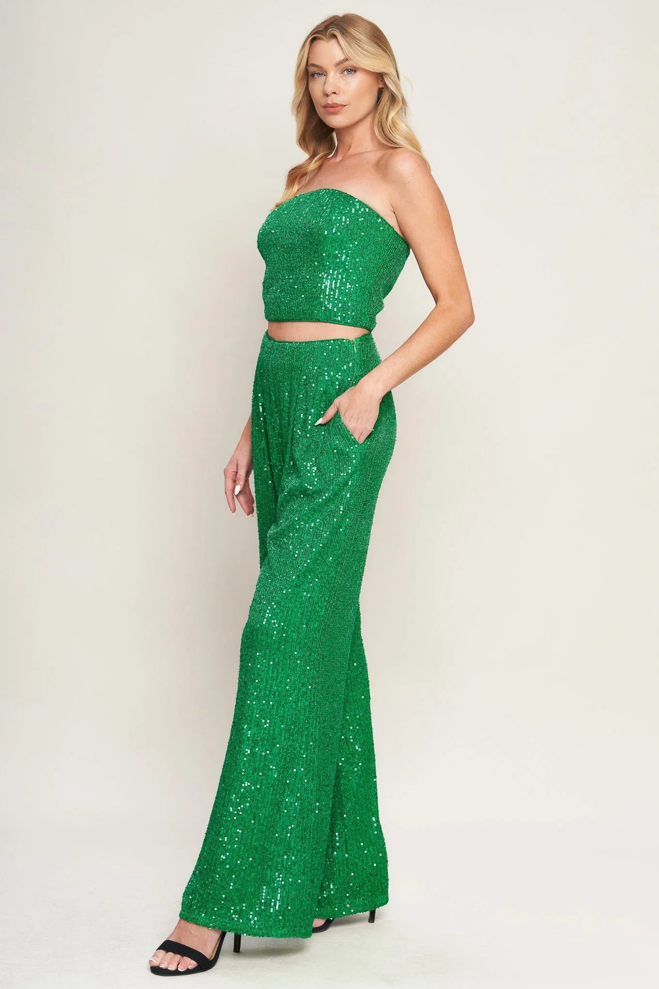 CHARMING COMPOSURE SEQUIN CROP TOP PANT SET