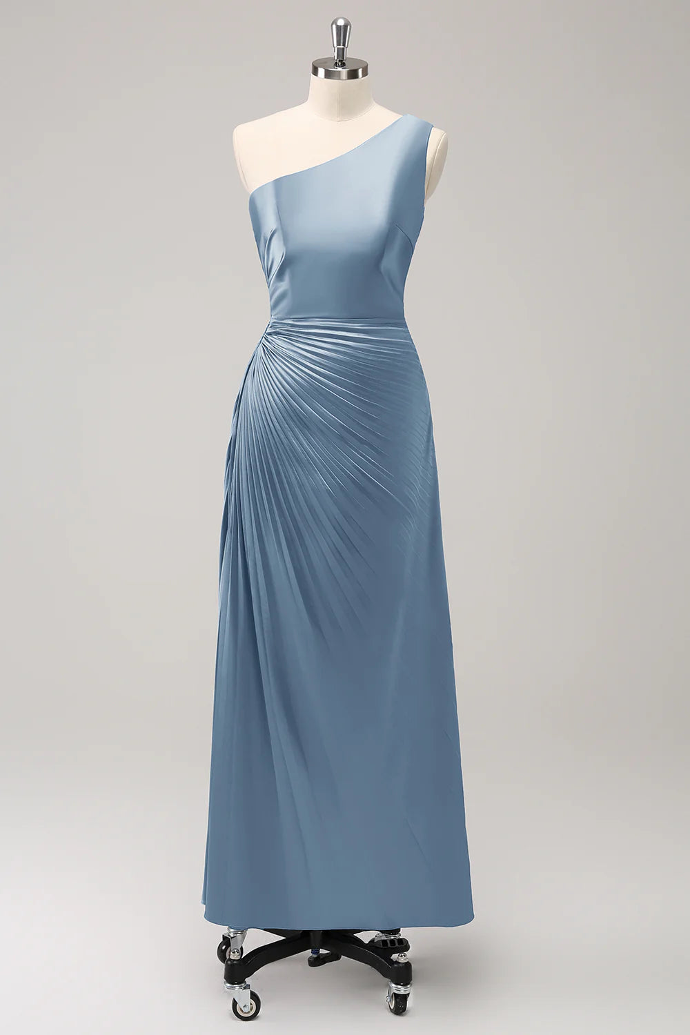 Blue Sheath One Shoulder Satin Keyhole Long Bridesmaid Dress