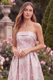 Strapless Pink Floral A Line Jacquard Midi Wedding Guest Dress