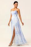 Blue A Line Spaghetti Straps Print Floral Chiffon Maxi Bridesmaid Dress with Slit