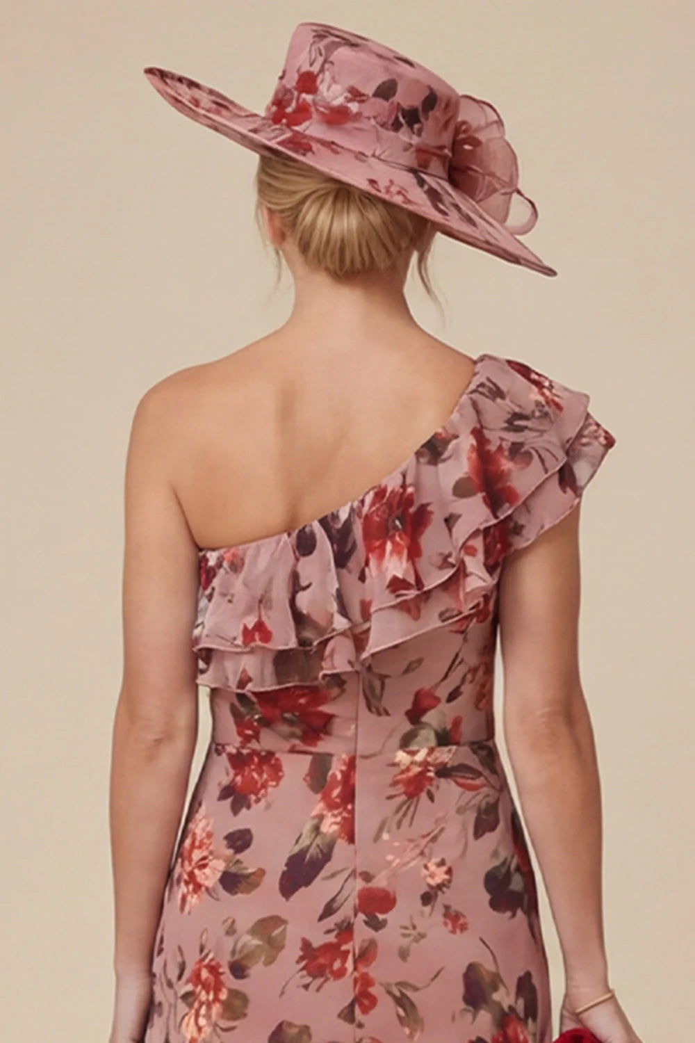 Floral Dusty Rose One Shoulder Ruffled Mother of the Bride Dress with Slit