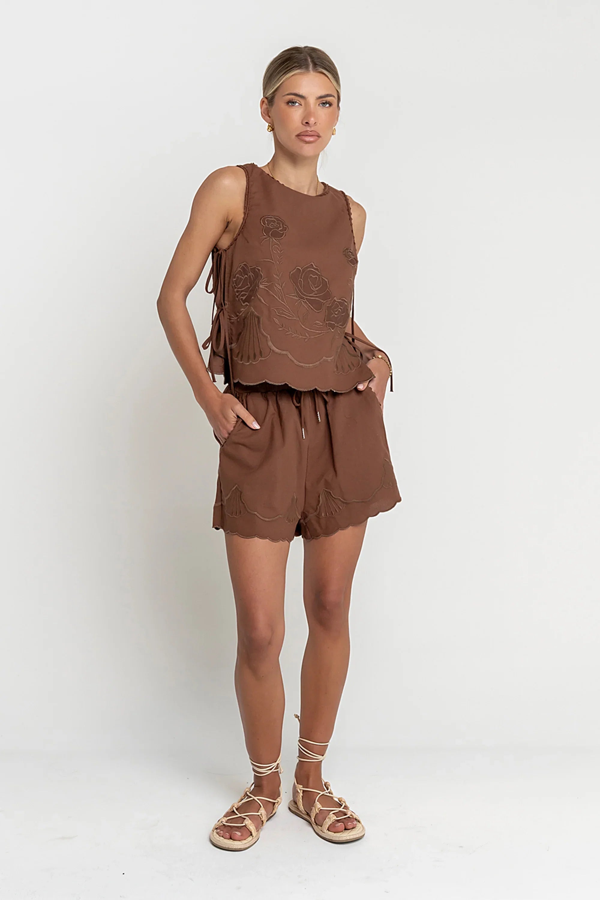 Rudy Embroidered Shorts in Brown