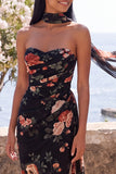 Black Sweetheart Mermaid Floral Wedding Guest Dress with Scarf