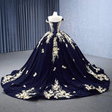 Navy Blue Velvet Quinceañera Dress With Train 3D Flower Appliques Ball Gown