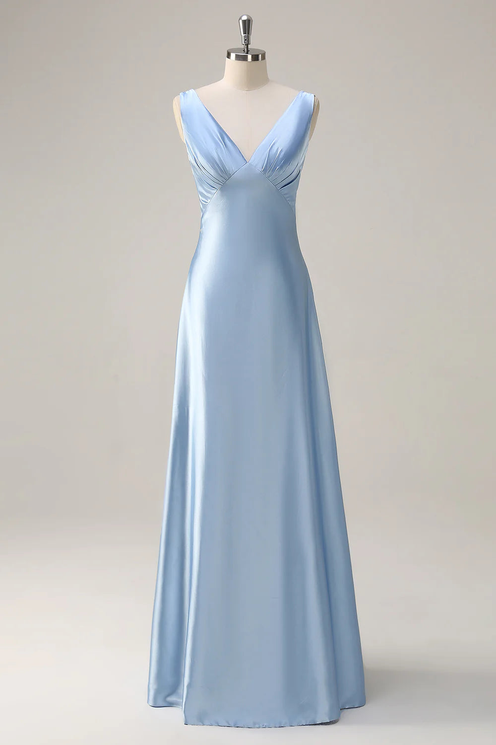 Sky Blue A Line V Neck Ruched Long Bridesmaid Dress