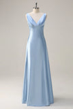 Sky Blue A Line V Neck Ruched Long Bridesmaid Dress