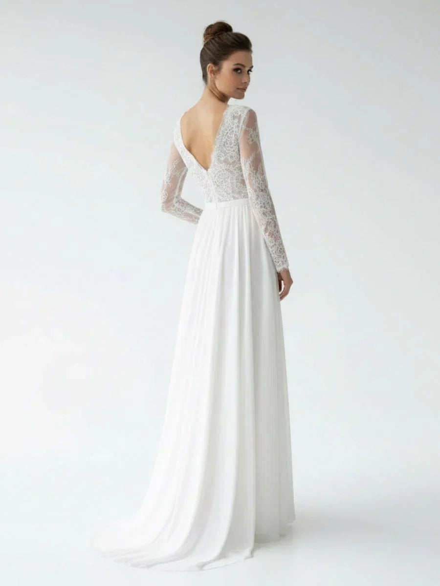 Romantic Modern A Line Floor length Chiffon Lace V neck Long Sleeve Wedding Dress