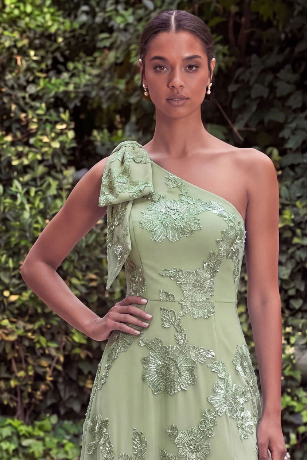 Daffodil A Line Floral Embroidery One Shoulder Wedding Guest Dress with Slit