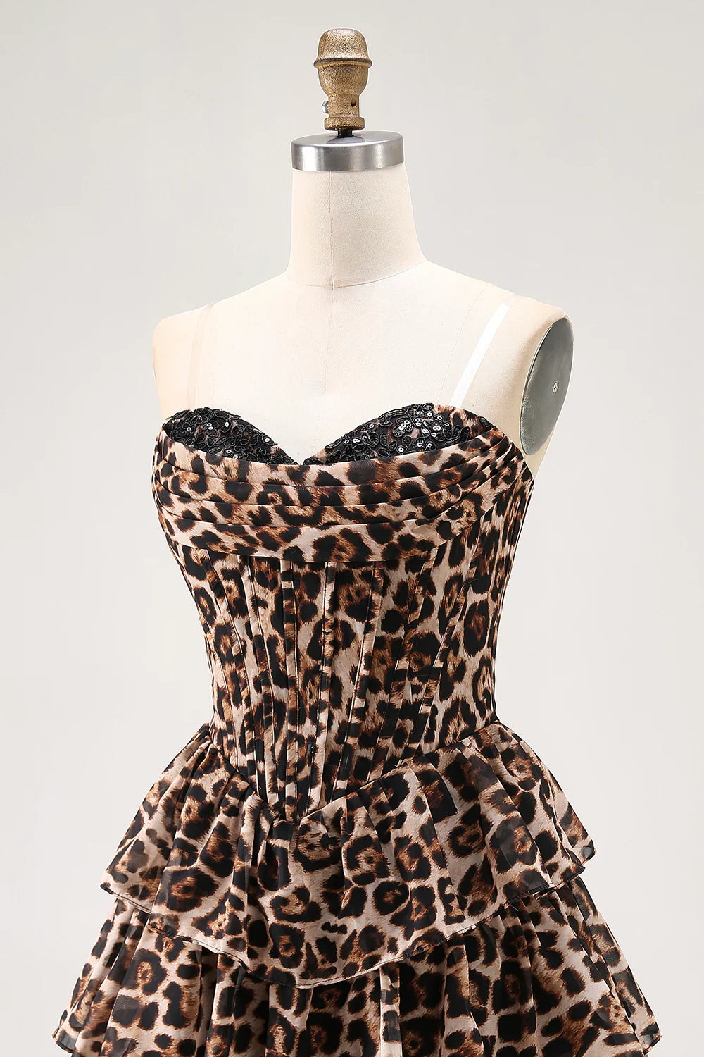 Brown Leopard Strapless Ruffled A Line Corset Mini Homecoming Dress