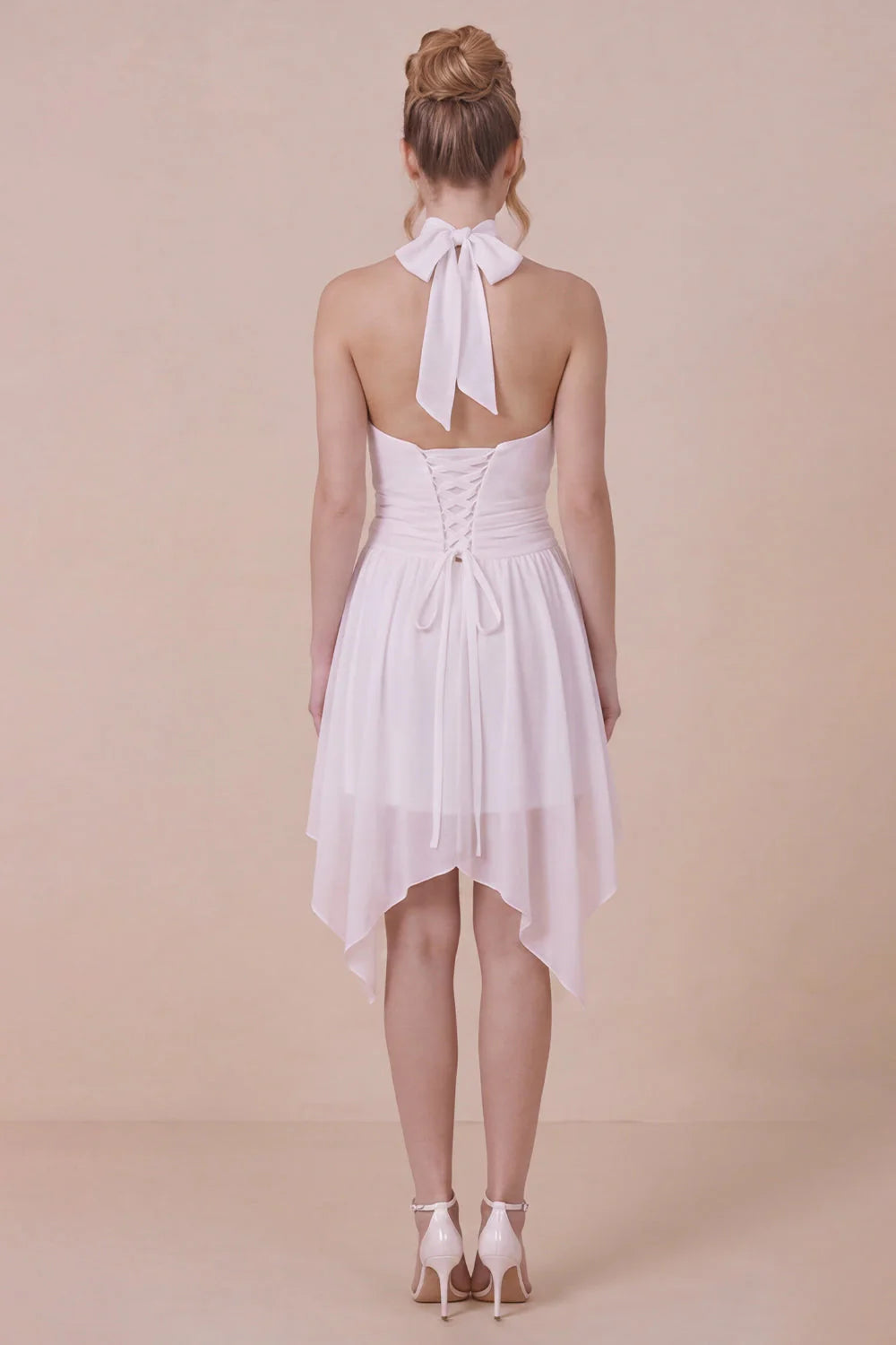 Ruffled Halter White Graduation Dress with Lace up Back