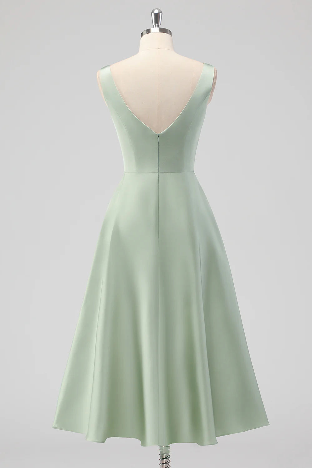 Sage Green A Line Square Neck Tea Length Satin Bridesmaid Dress