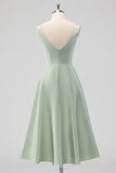 Sage Green A Line Square Neck Tea Length Satin Bridesmaid Dress