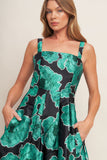 ROYAL BAROQUE GREEN FLORAL PRINT SATIN MIDI DRESS