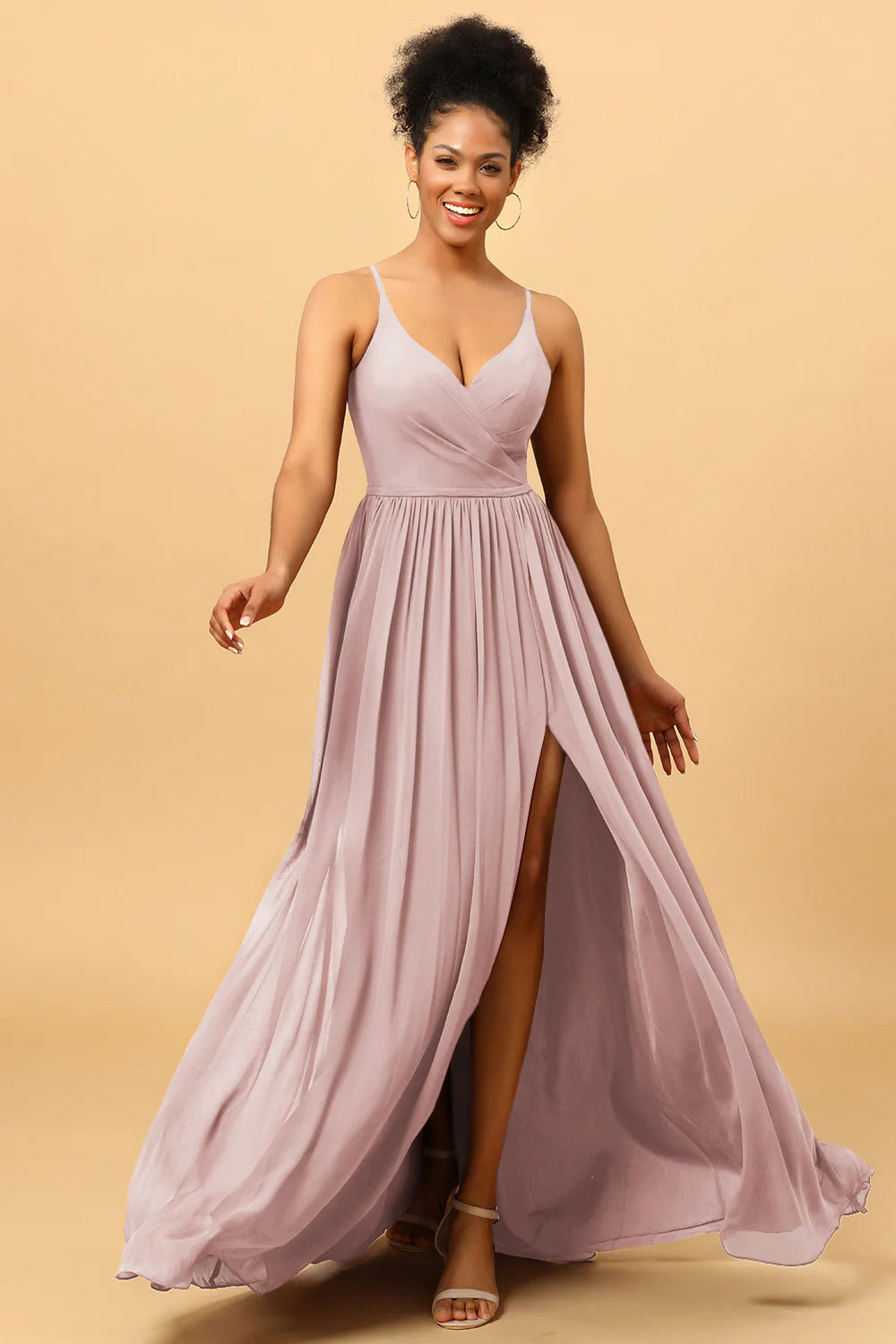 A Line Spaghetti Straps Ruched Long Chiffon Bridesmaid Dress with Slit