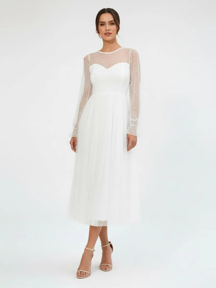 Elegant A Line Long Sleeve Tea Length Wedding Dresses