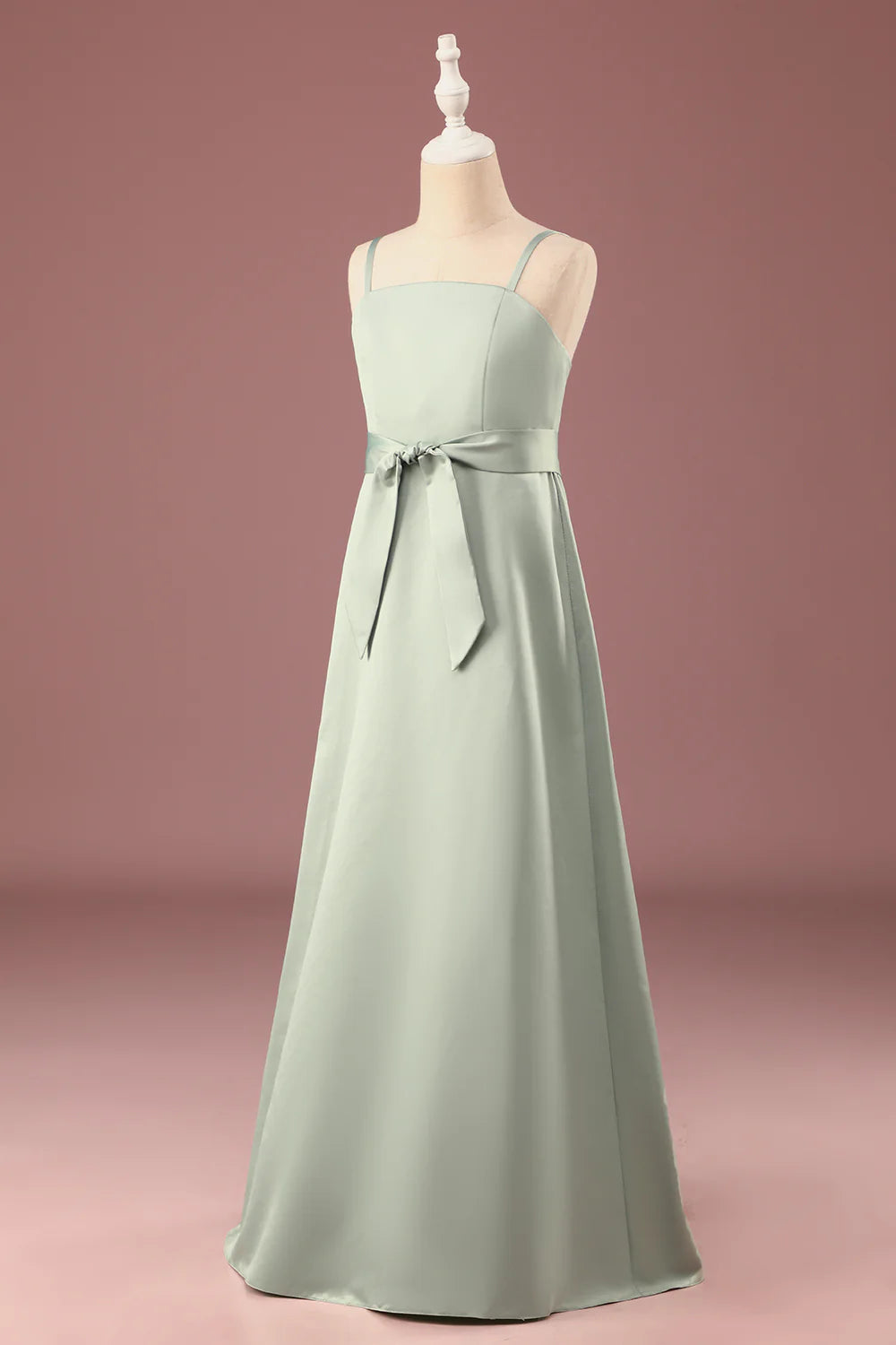 Matcha A line Spaghetti Straps Long Satin Junior Bridesmaid Dress
